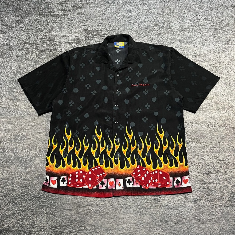 Vintage XNT Button Up Shirt Mens XL Black Flames‎ Dice Grunge Skater Y2K